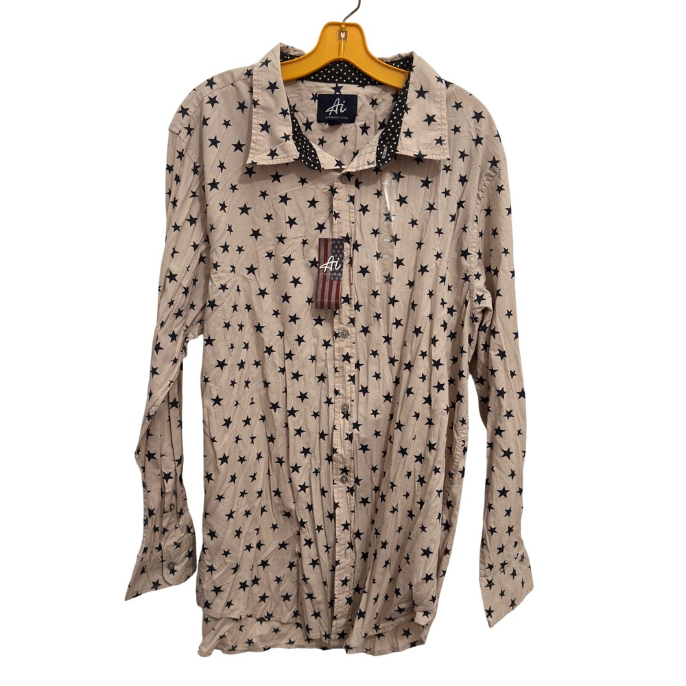 Authentic Icon Shirt Grey Star Print Cotton Long Sleeve Button Down XXL NEW